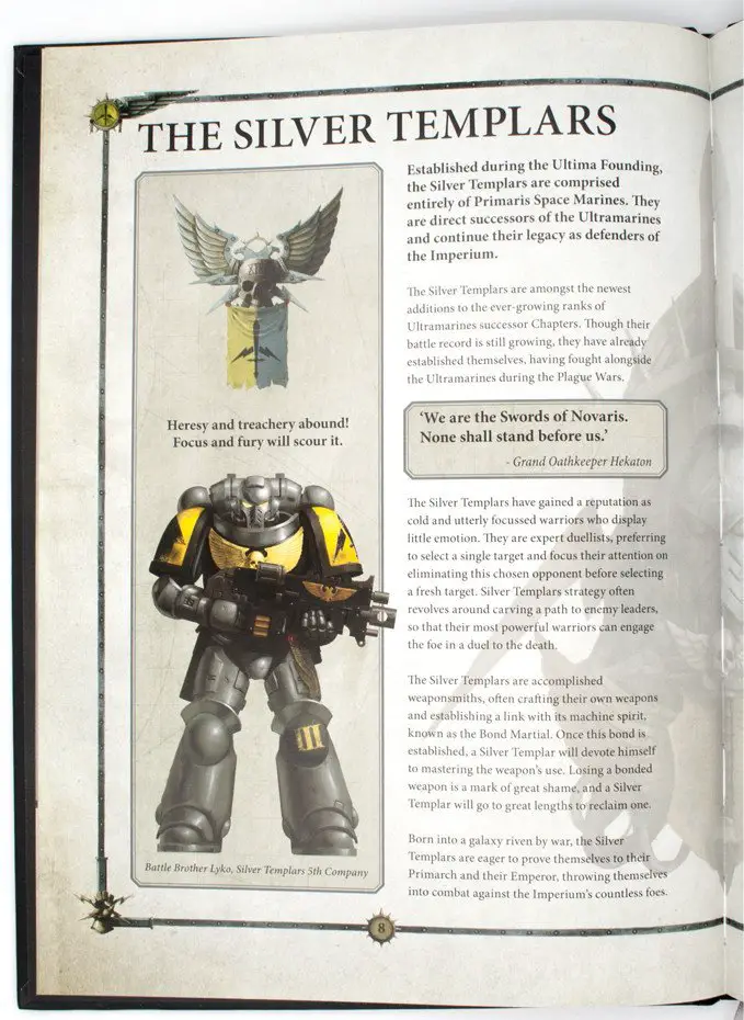 Warhammer 40.000 Eroberung - Silber Templer Quellbuch Übersicht