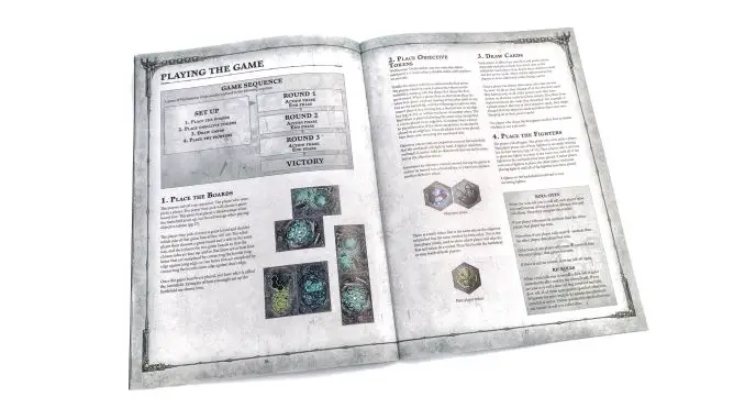 Libro delle regole per la revisione del set iniziale di Warhammer Underworlds aperto