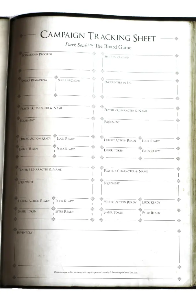 Page de campagne du livre de règles du jeu de société Dark Souls