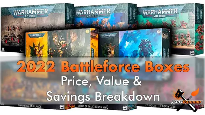 Répartition du prix, des économies et de la valeur des boîtes Battleforce 2022