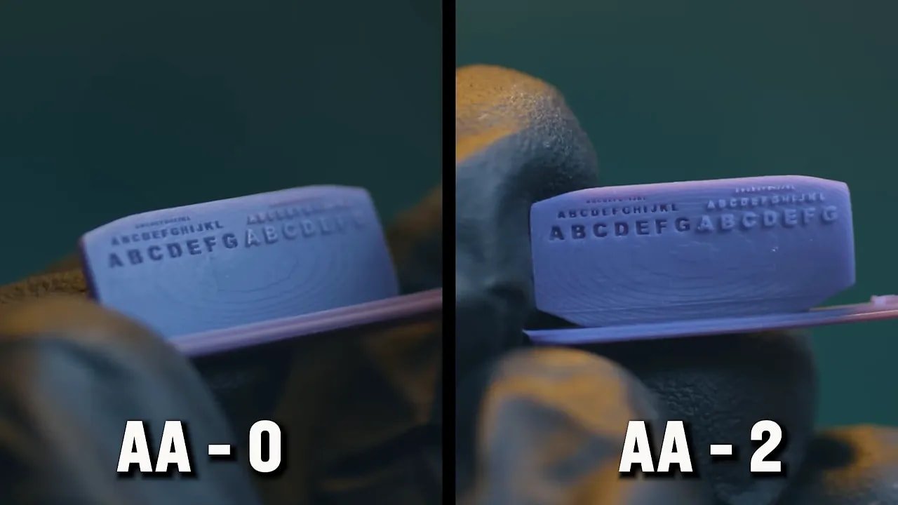 Resin test print close-up showing AA-0 and AA-2 exposure samples