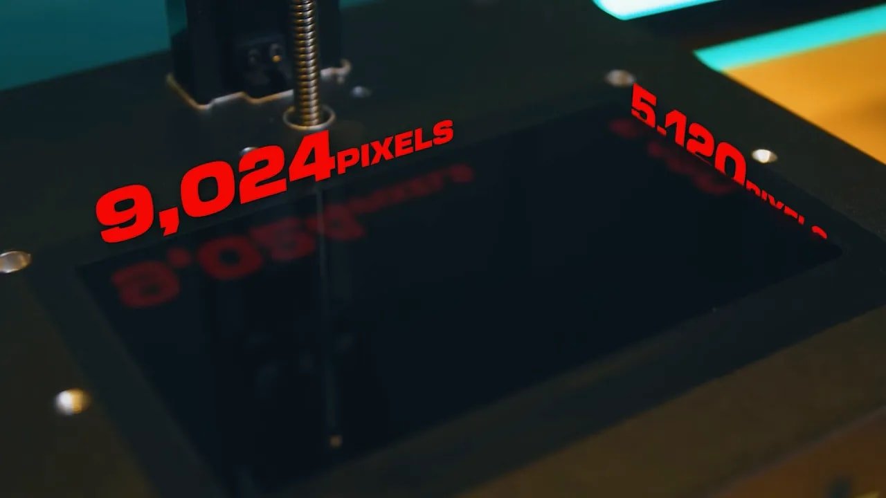 Anycubic Photon Mono 4 display with red overlay showing 9,024 and 5,120 pixels
