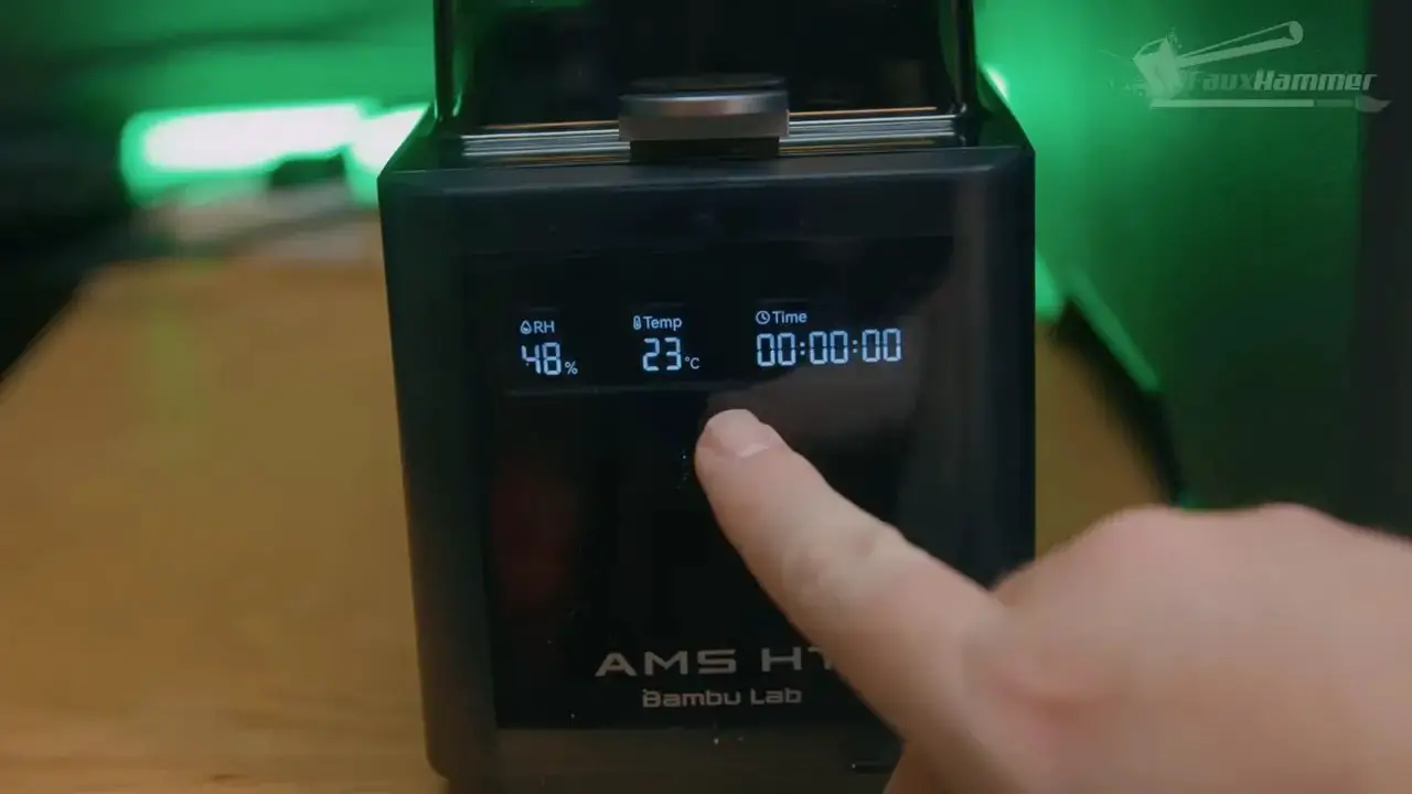 Bambu AMS HT screen showing relative humidity and temperature readings