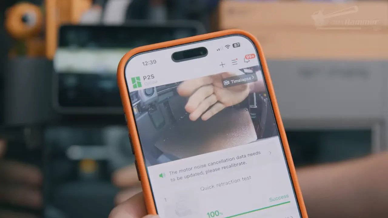 Smartphone view showing Bambu P2S camera monitoring and timelapse interface