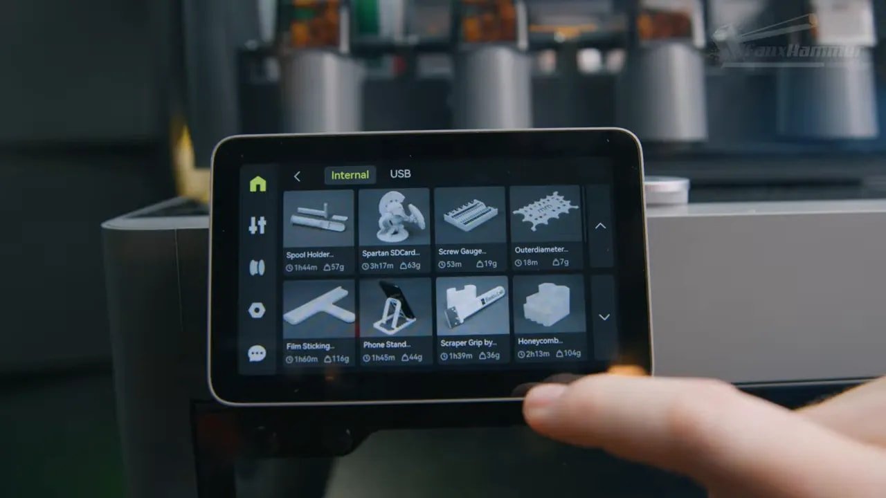 Bambu P2S screen showing Internal and USB file selection in the printer UI