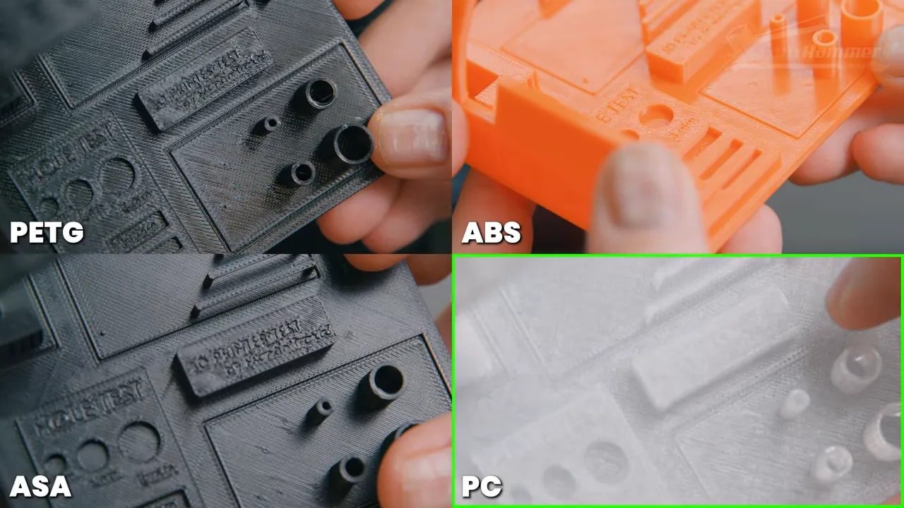 PETG, ASA, ABS, and polycarbonate test prints with the PC sample highlighted