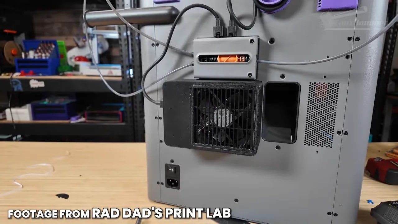 Clear view of the Bambu P2S rear exhaust and ventilation openings on the enclosed CoreXY printer