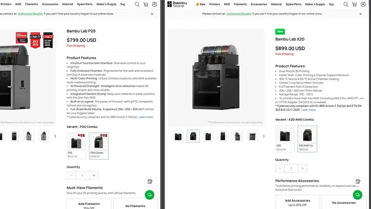 Bambu store comparison showing Bambu Lab P2S pricing and Bambu Lab X2D pricing and product features