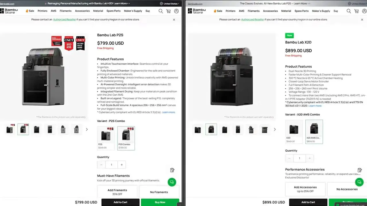 Bambu Store comparison of Bambu Lab P2S and Bambu Lab X2D pricing and product features