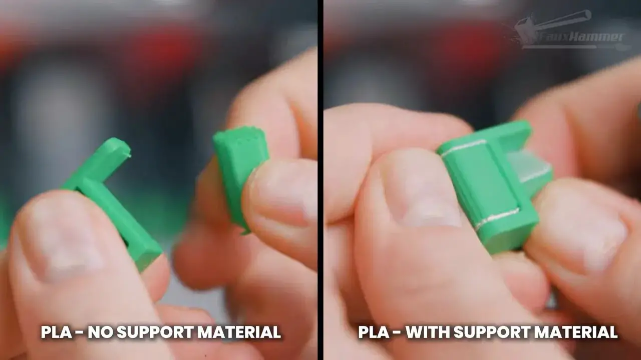 Comparison of PLA prints on the Bambu X2D: no support material vs PLA with support interface