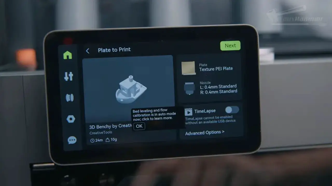 Bambu X2D touchscreen plate-to-print screen with nozzle settings and time-lapse note