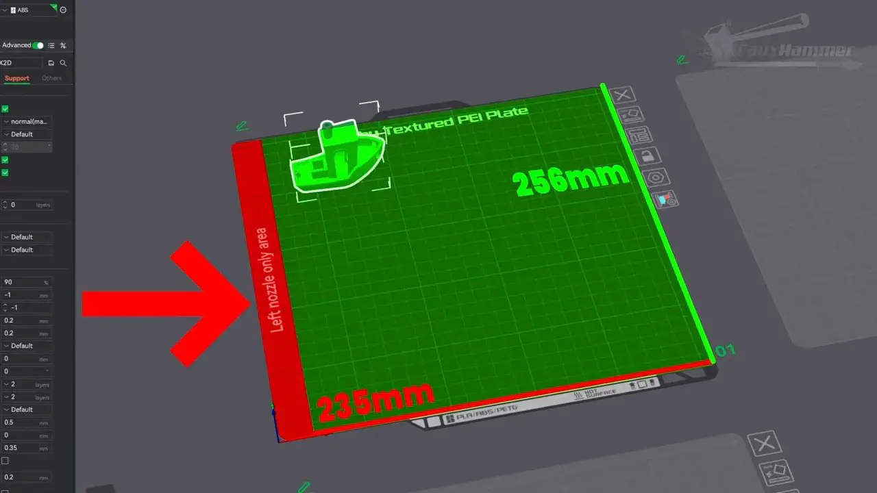 Bambu X2D slicer preview with a red exclusion zone and arrows showing restricted plate area to 235mm