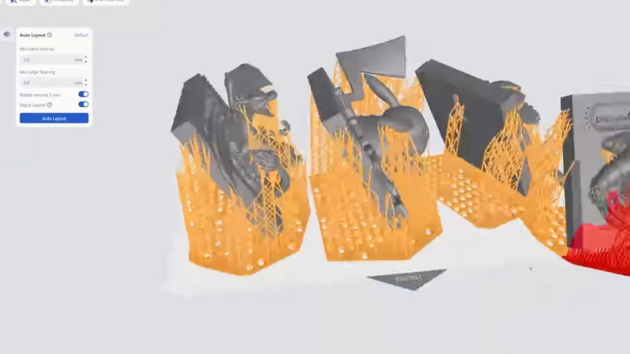 Blueprint slicer showing auto-arranged supported miniature models