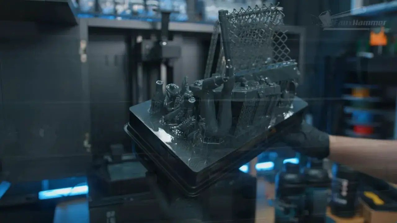 Large resin print on the Elegoo Jupiter 2 build plate with multiple detailed parts