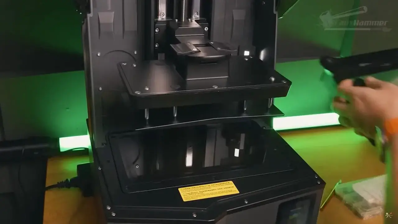 Elegoo Saturn 4 Ultra 16K with lid open showing the build area and vat access