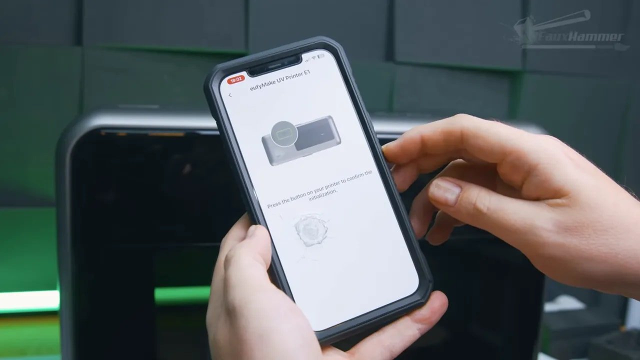 Smartphone app screen connected to EufyMake E1 UV printer showing setup steps