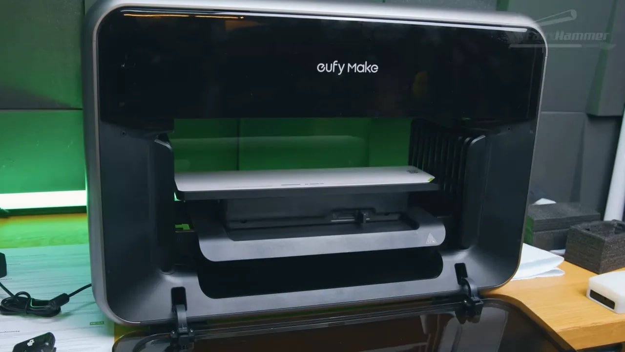 EufyMake E1 UV printer front view on desk with print area visible