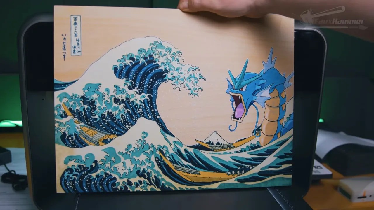 EufyMake E1 flat print test artwork with wave and character in view