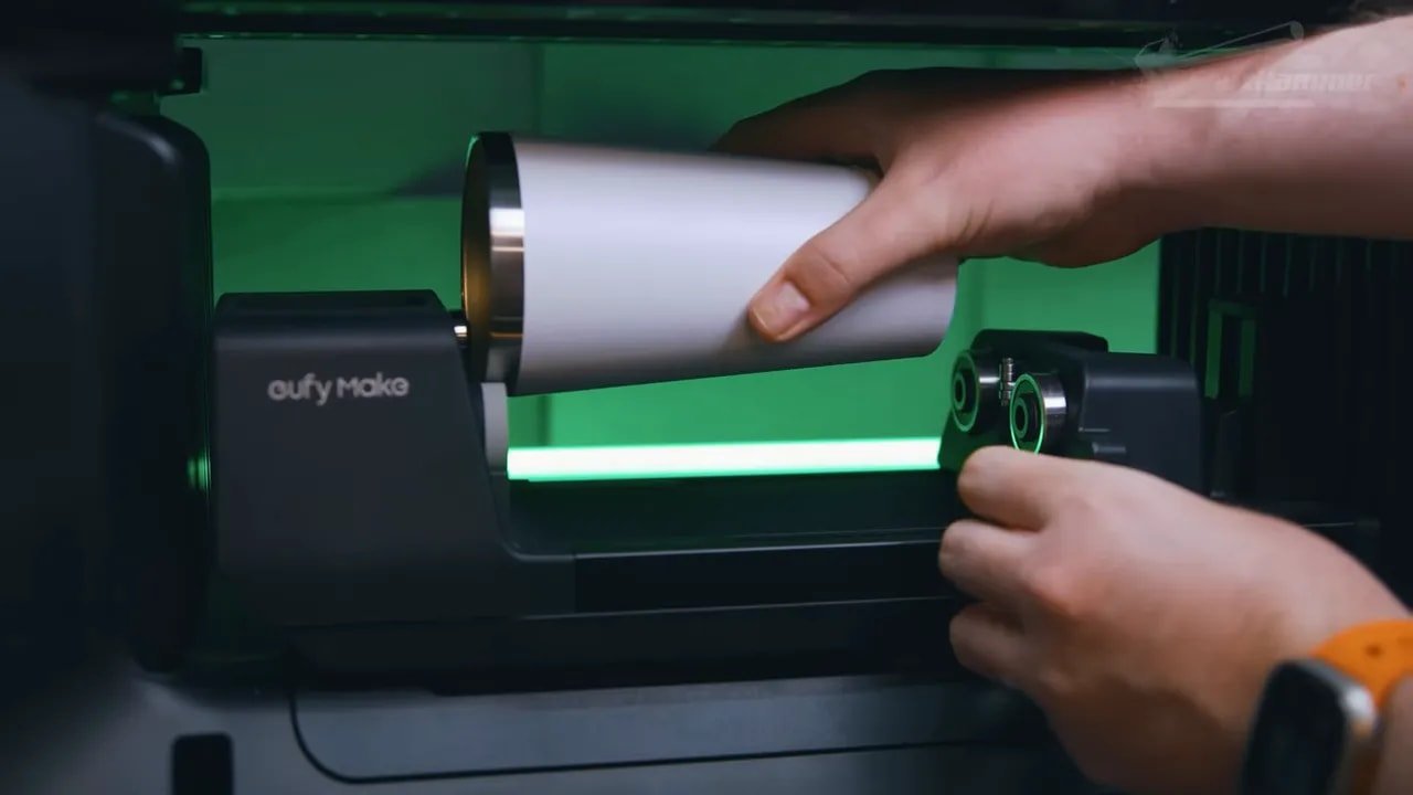 Loading a cylindrical workpiece onto the EufyMake E1 rotary attachment