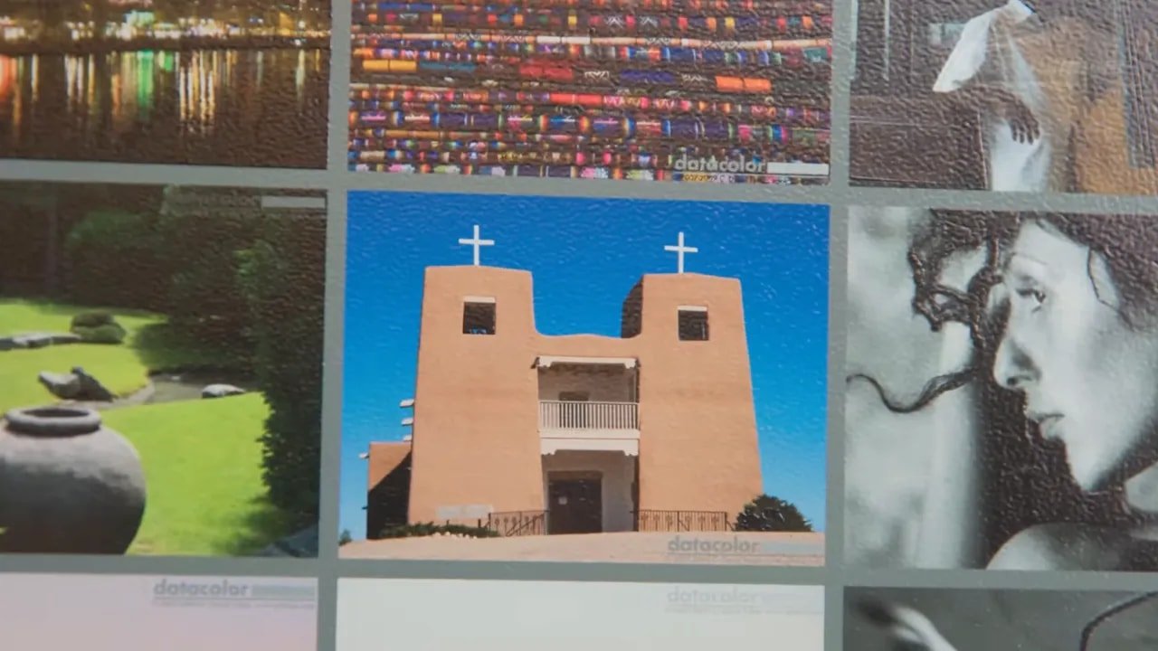 Close-up of EufyMake E1 print quality test card showing architectural tile and grayscale portrait tile