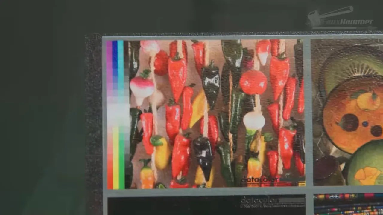 Close-up of EufyMake E1 print quality test image with bold reds and skin tones