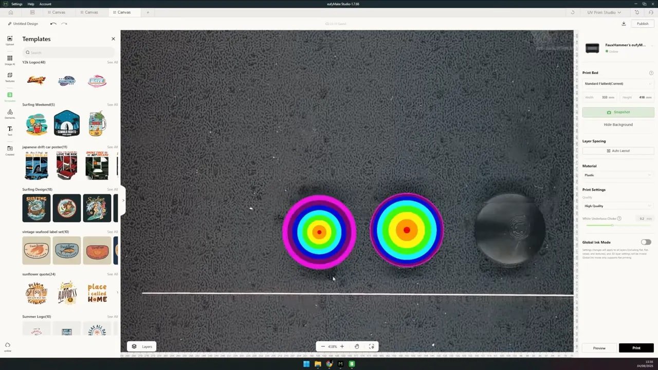 EufyMake E1 print studio software preview with circular target designs and a cylinder on the print bed