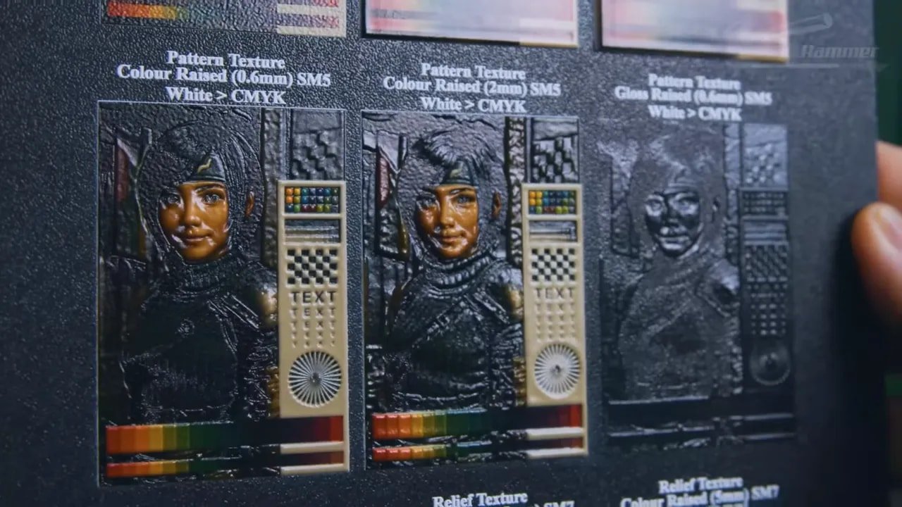 Screenshot of EufyMake E1 relief texture test panels showing portrait detail and white-to-CMYK layer modes