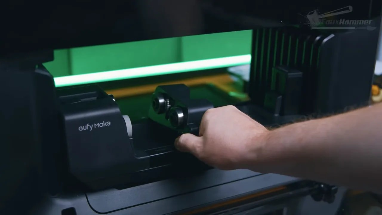 EufyMake E1 rotary attachment being aligned for cylindrical printing