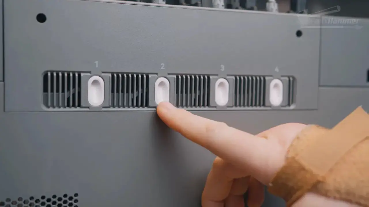 FlashForge Creator 5 manual filament path selection bay with tool numbers 1 to 4 and a hand pointing