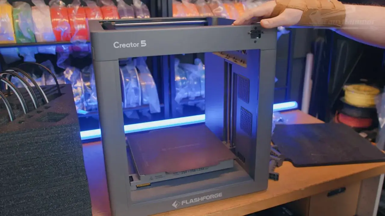 FlashForge Creator 5 open-frame front view on a workbench