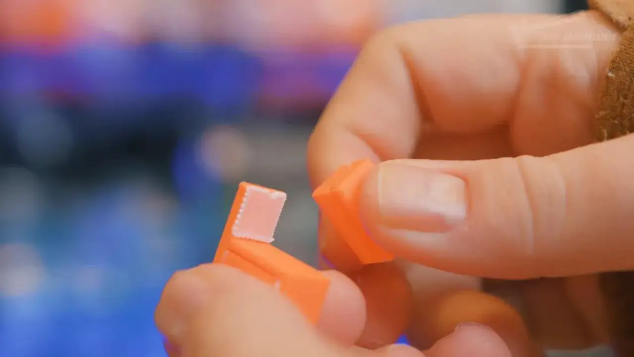 Close-up of an orange 3D-printed support interface piece being held by hand