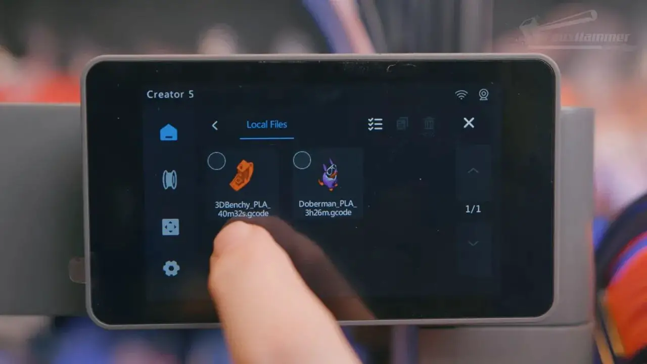 FlashForge Creator 5 touchscreen showing Local Files with two selected gcode options