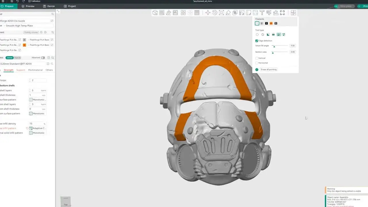 FlashForge slicer workspace showing a prepared 3D model with selected tool/material settings