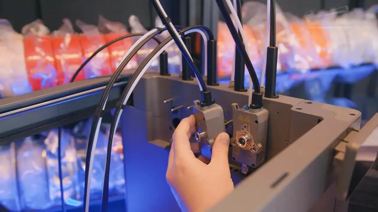 Hand connecting a component on the FlashForge Creator 5 toolhead area