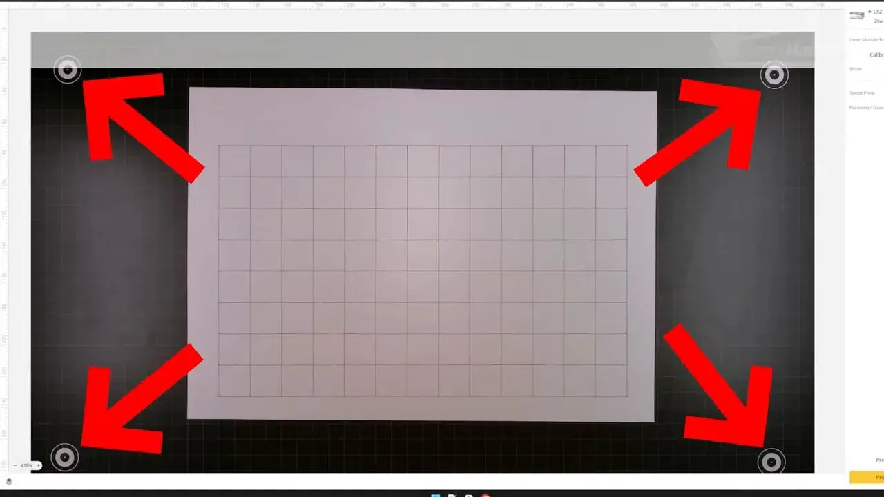 LaserPecker Design Space camera alignment preview with highlighted corner markers and grid overlay