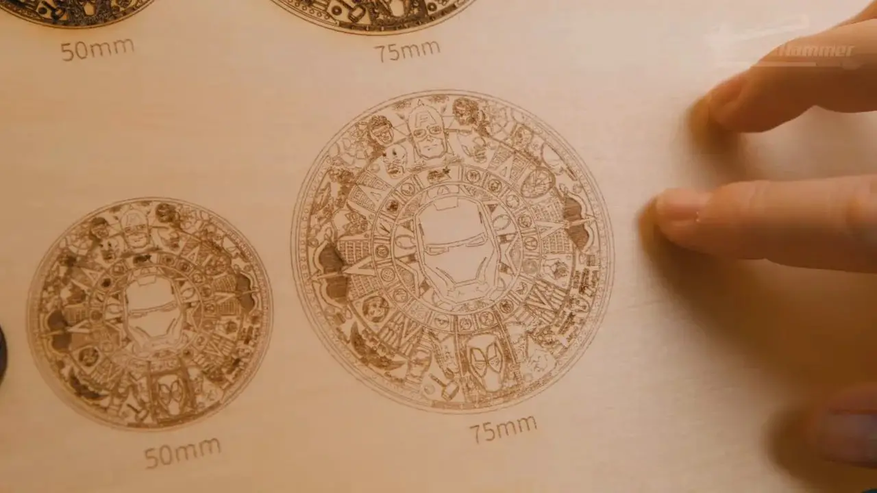 Close-up of LaserPecker LX2 20W test card showing the 75mm engraved circle