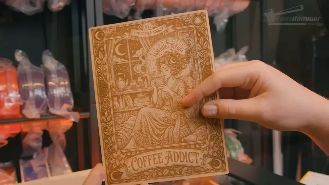 Hand holding a LaserPecker LX2 engraved 'Coffee Addict' card with ornate artwork