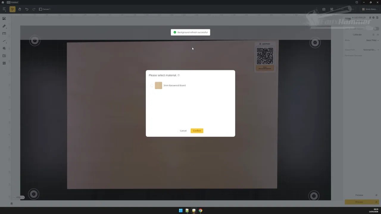 LaserPecker Design Space prompt asking you to select a material preset before continuing