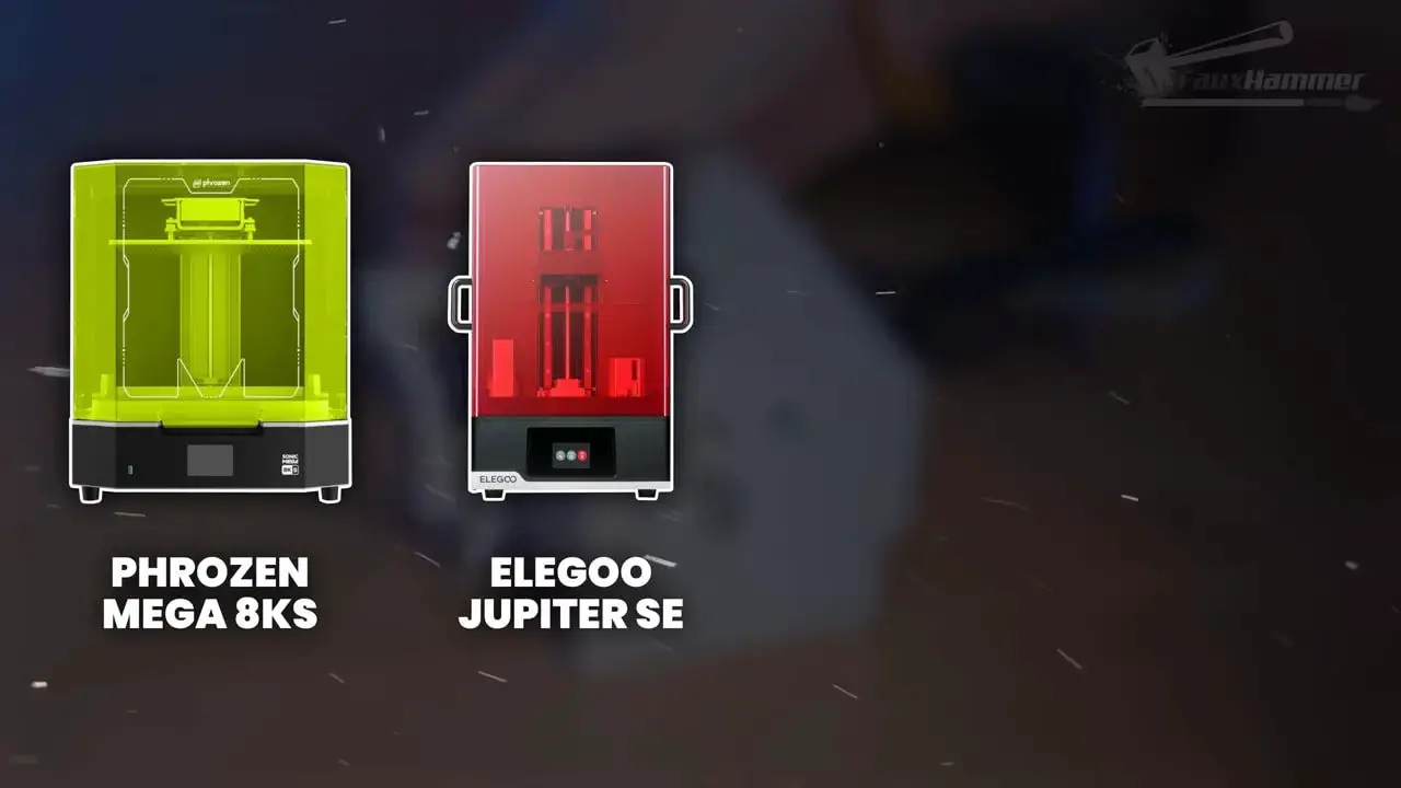 Comparison graphic showing Phrozen Mega 8KS and Elegoo Jupiter SE large-format resin printers