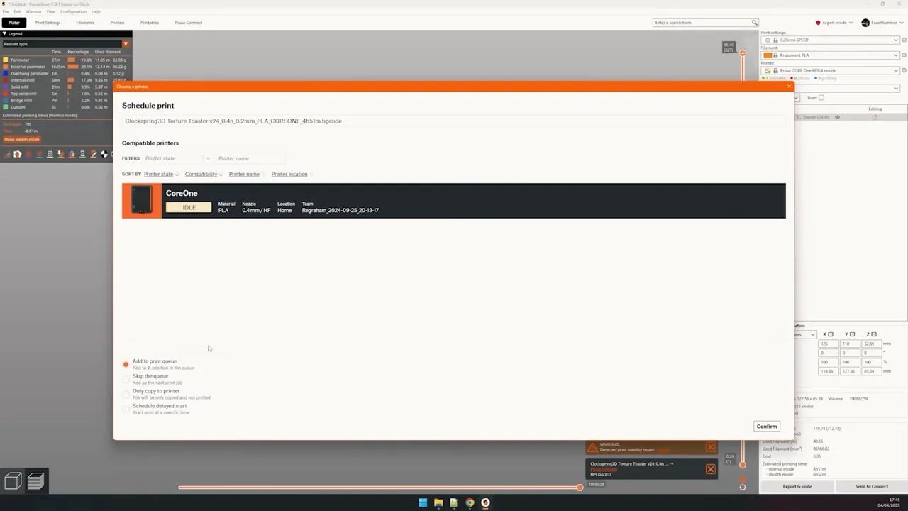 Prusa Connect scheduling screen showing the CoreOne printer and a scheduled print queue