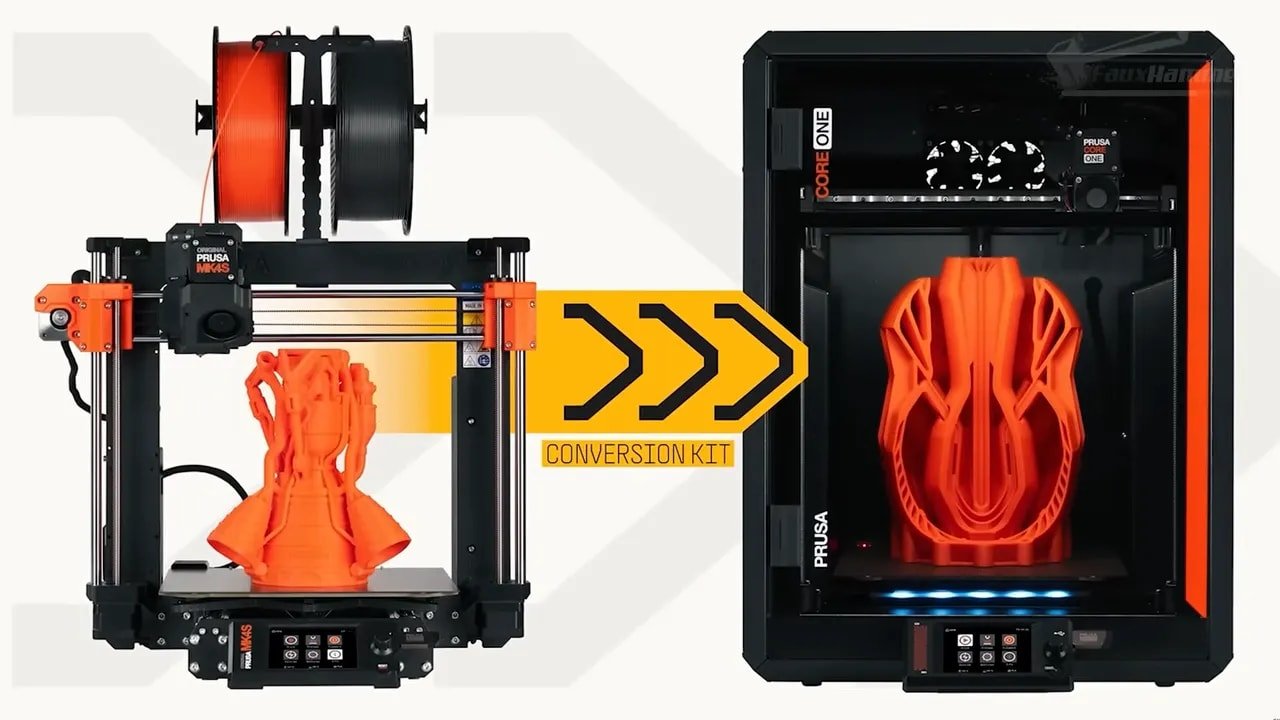 Prusa Core One upgrade conversion kit shown in a two-part comparison