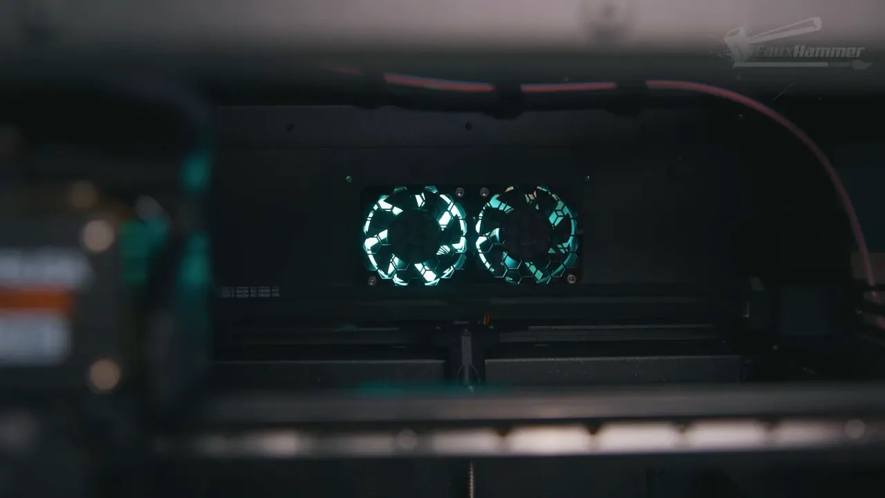 Prusa Core One enclosure rear fans glowing teal