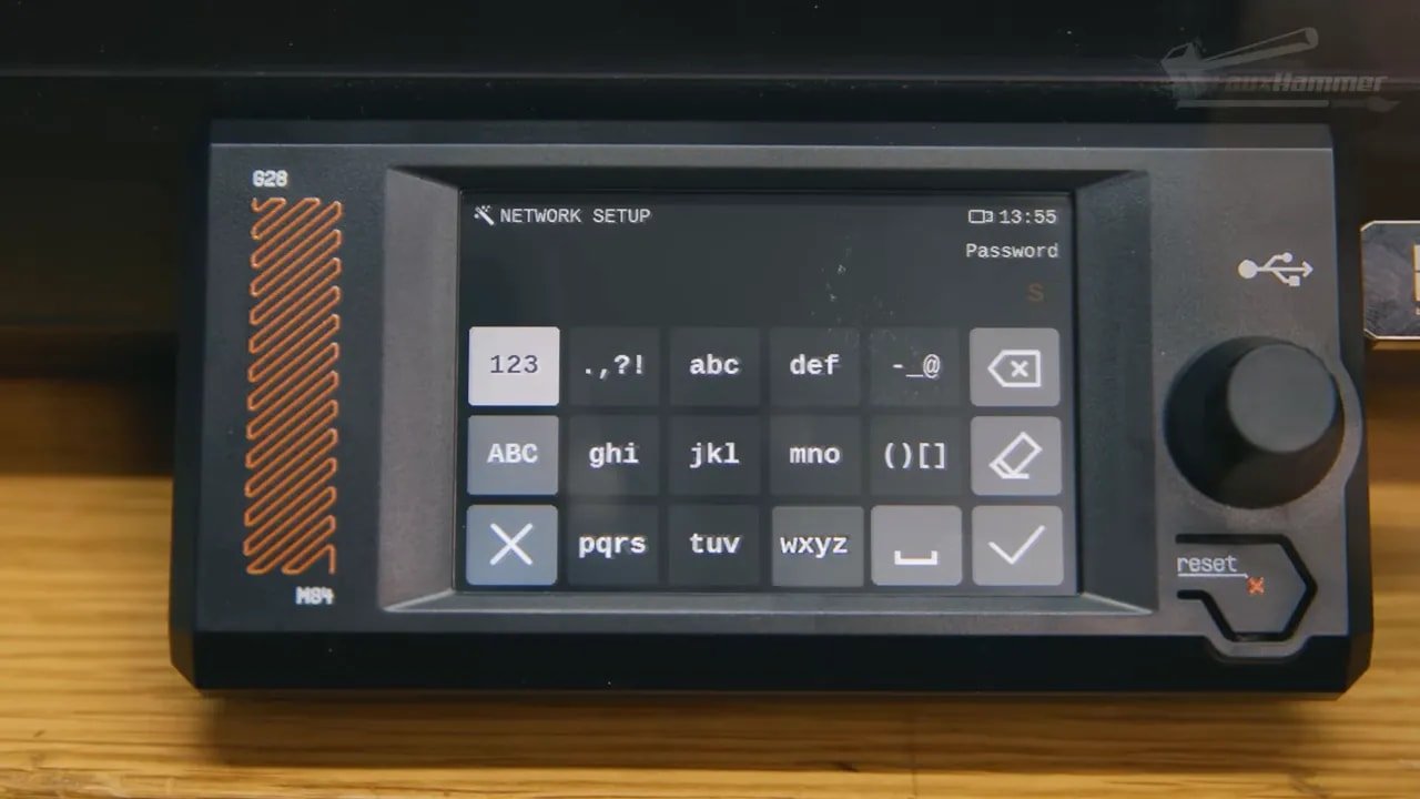 Prusa Core One network setup screen showing Wi‑Fi password entry keypad