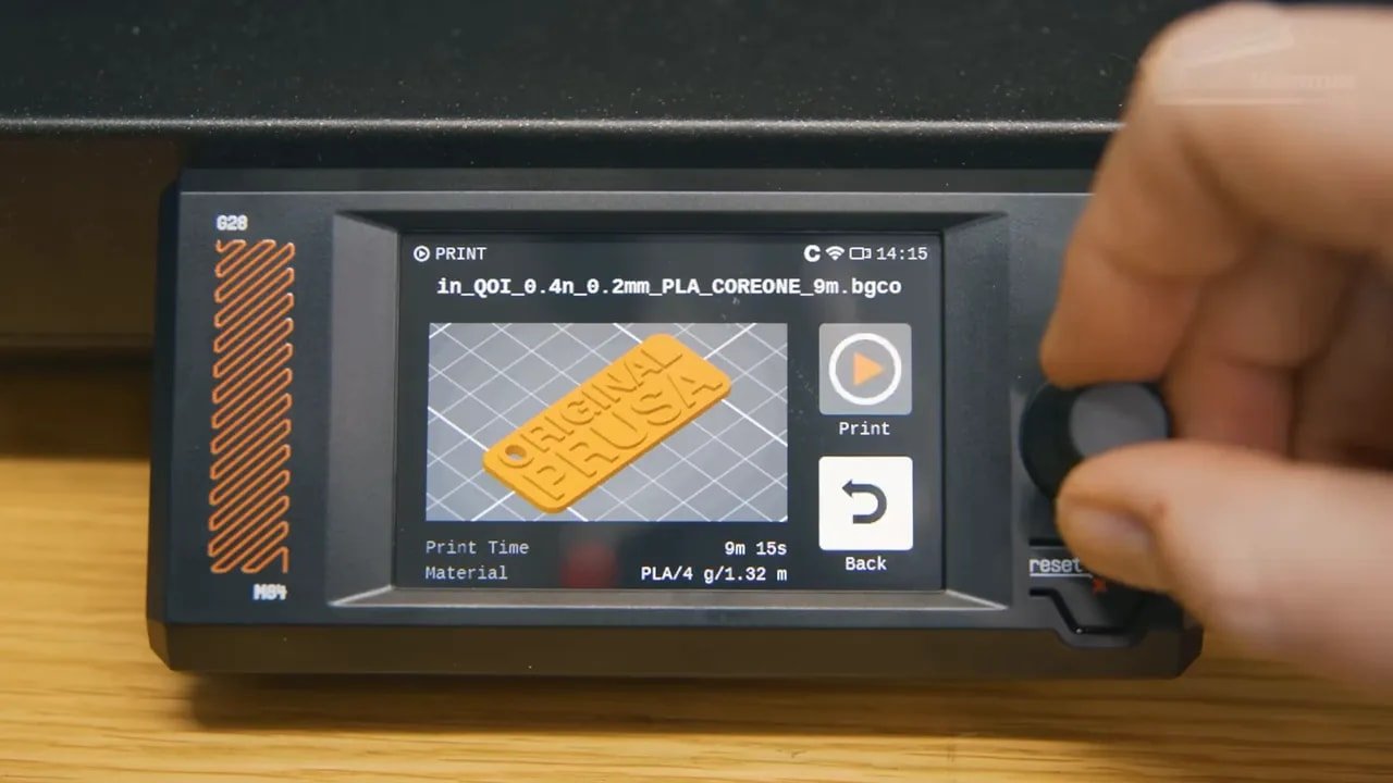 Prusa Core One print preview screen showing selected model and controls