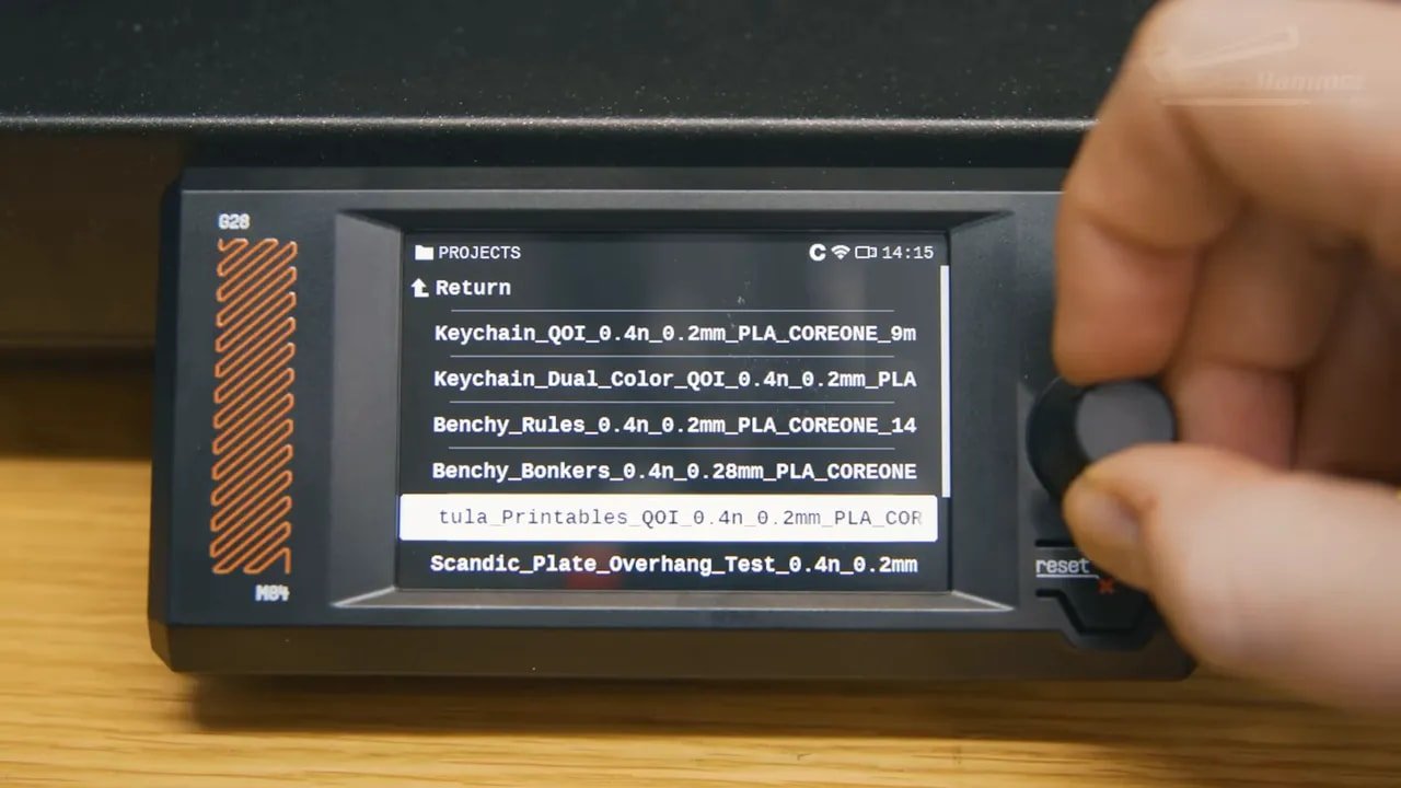 Prusa Core One touchscreen projects list with highlighted print job