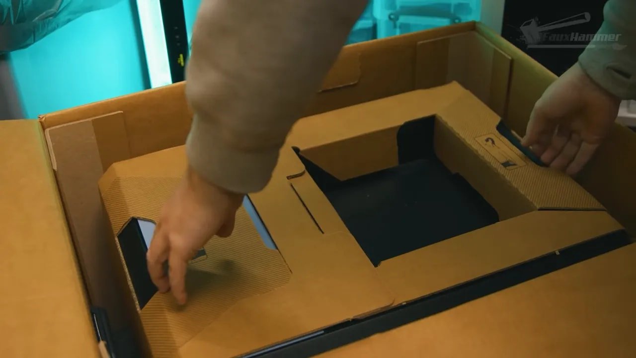 Prusa Core One unboxing showing the foam insert and access to the printer