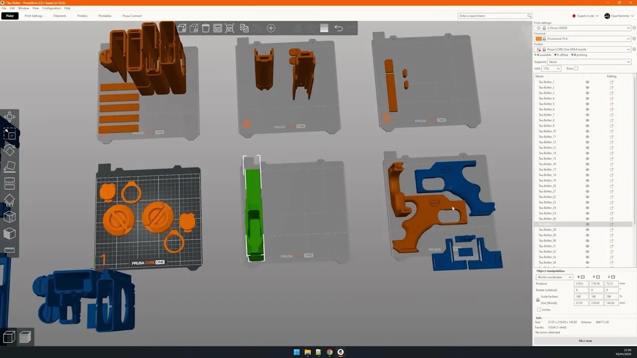 PrusaSlicer screen showing multiple parts arranged on the Prusa Core One build plate