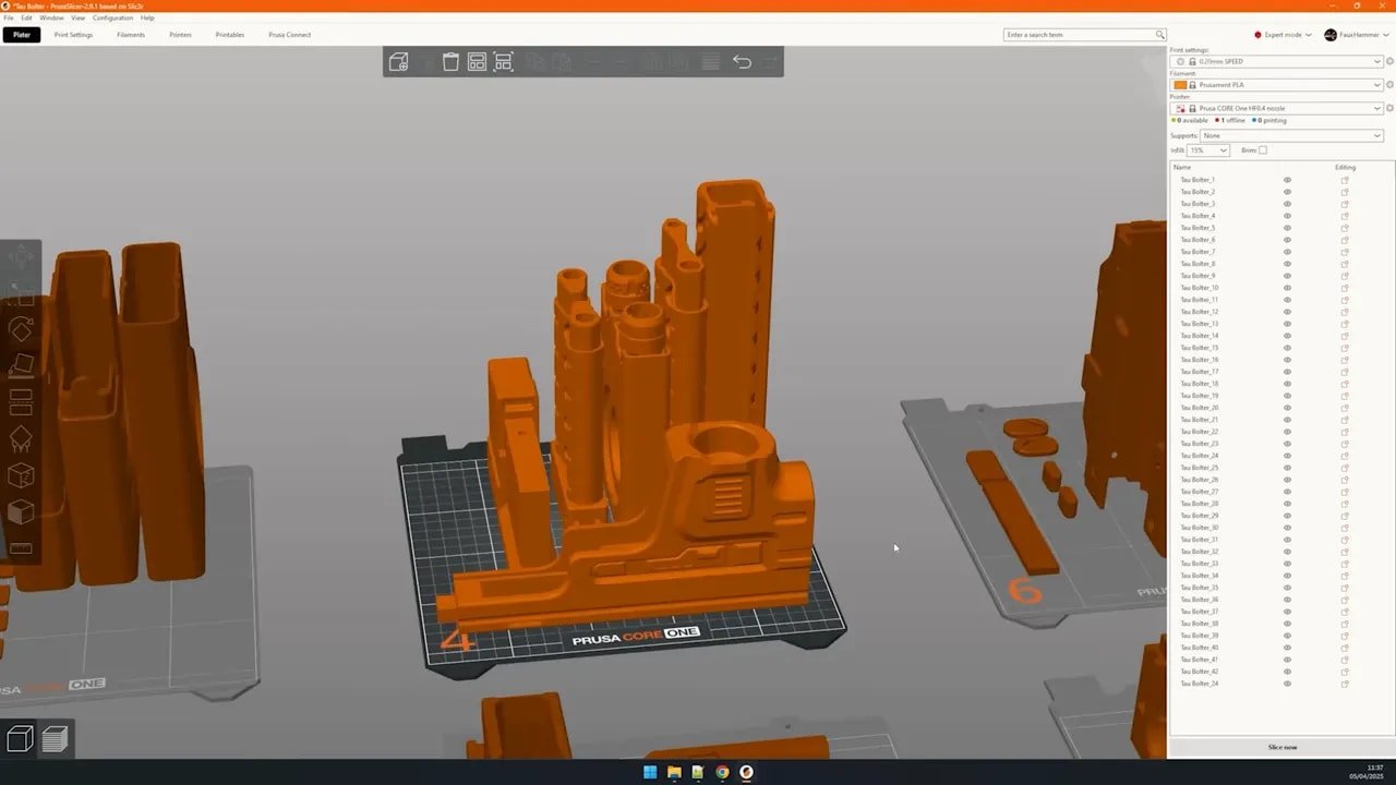 PrusaSlicer preview showing orange parts arranged on the Prusa Core One build plate