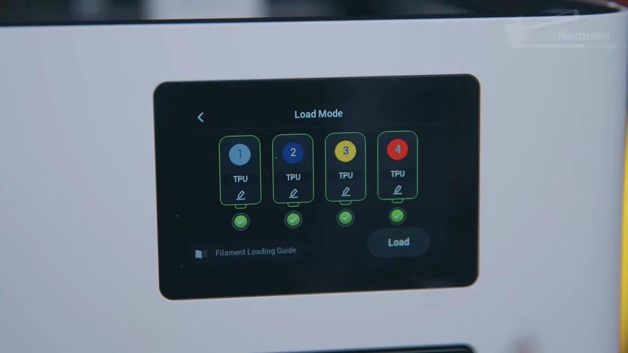 Snapmaker U1 Load Mode screen confirming TPU for toolheads 1 to 4