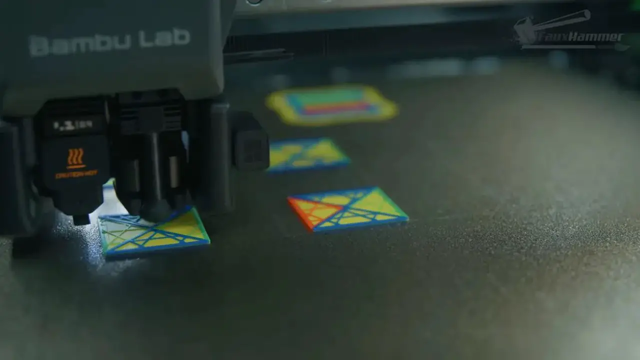 Toolhead printing multi-colour parts on the bed inside the Bambu printer enclosure